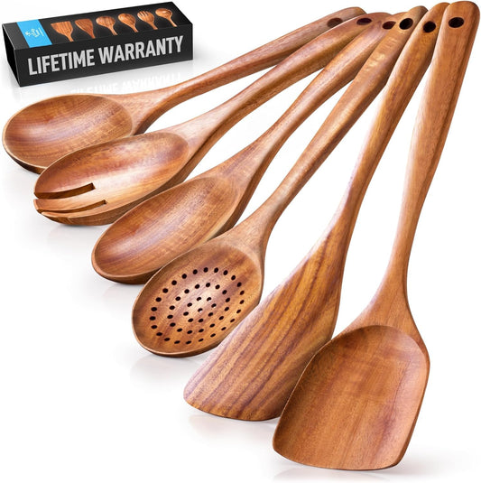Premium Teak Wood Kitchen Utensil Set – 6 Piece Wooden Cooking Tools (Scratch-Free & Durable)