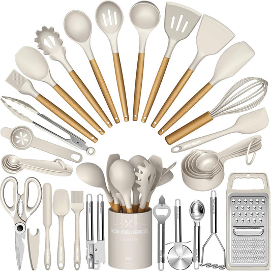 34-Piece Silicone Kitchen Utensils Set with Wooden Handles & Holder – BPA-Free Cooking Tools