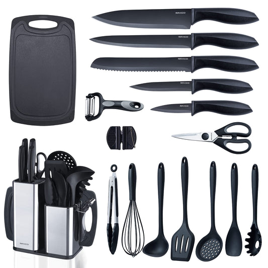 Complete Black Kitchen Utensil Set with Knives, Cutting Board & Silicone Tools – All-in-One Cooking Kit
