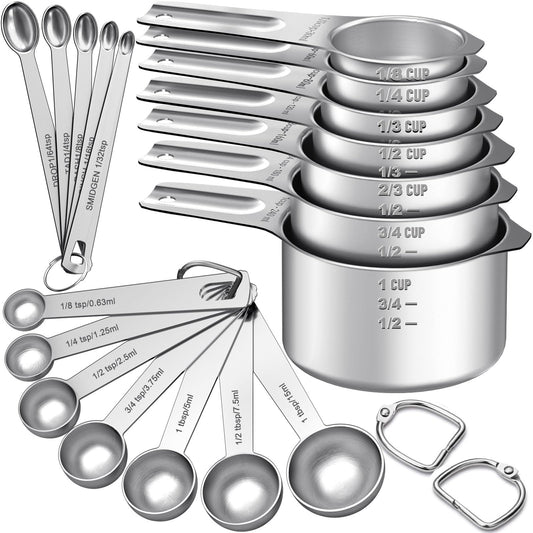14-Piece Stainless Steel Measuring Cups & Spoons Set – One-Piece Design, Rust Resistant (Silver)