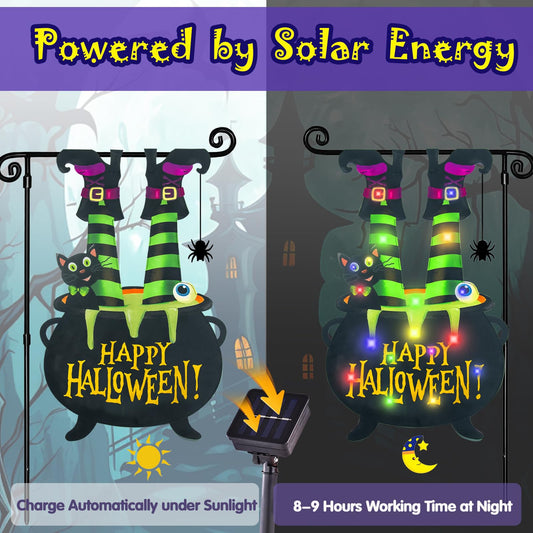 12x18 Halloween Garden Flag with Solar LED Lights – Multi-Colored Double-Sided Cat & Eyeball Cauldron Yard Decoration