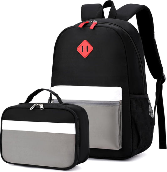 Black Grey Kids Backpack Set with Insulated Lunch Bag
