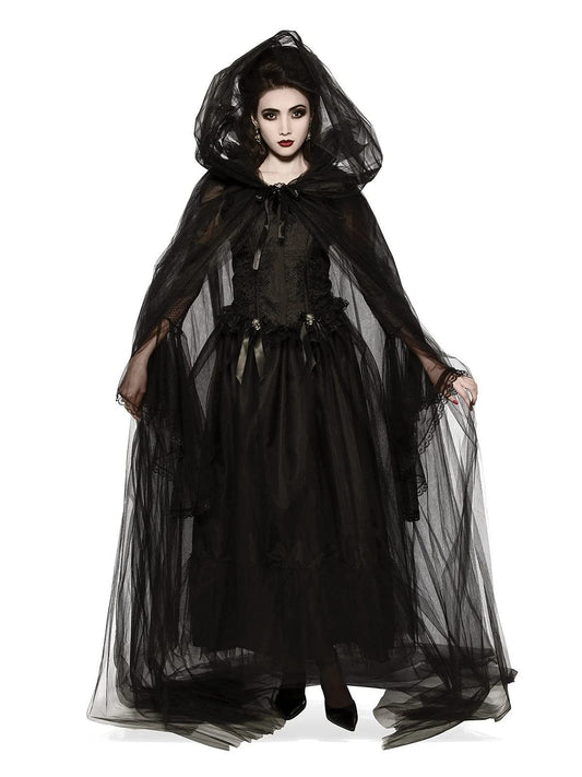 Hooded Black Tulle Cape for Adults – Full-Length Sheer Layered Cloak with Ribbon Tie by Rubie’s