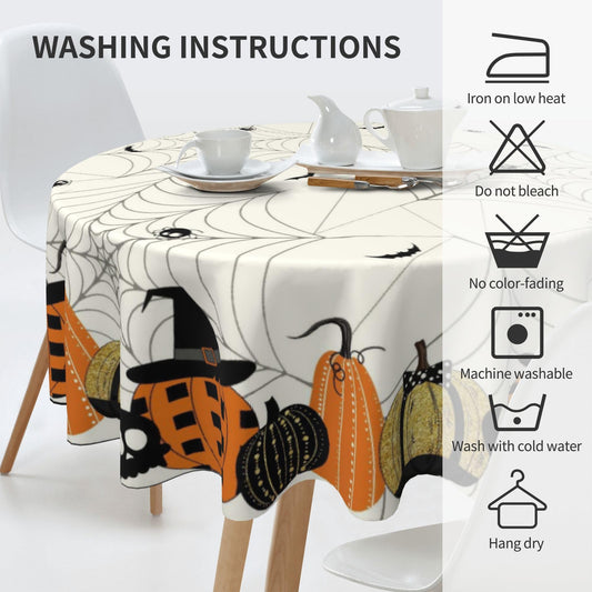 Halloween Round Tablecloth – Black Pumpkin Skull Polyester Cover for Dining & Party Decor (20"–47")