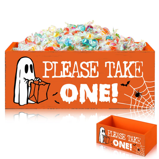 Wooden “Please Take One” Halloween Candy Bowl – Orange Rustic Trick or Treat Box
