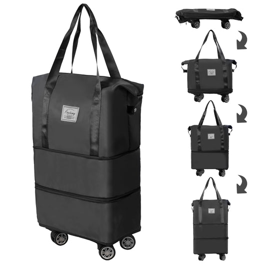 Finnhomy Expandable Rolling Duffel Bag with Detachable Wheels, Foldable Travel Duffel 28L–58L Carry-On (Black)