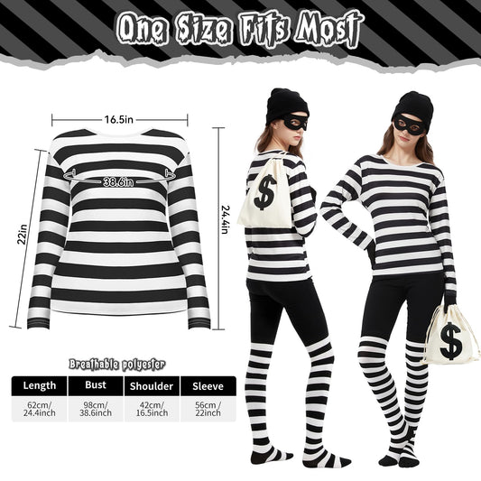 Women’s Classic Burglar Costume Set – Black & White Striped Halloween Outfit with Mask, Hat, Gloves & Coin Bag