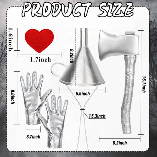 Tin Man Costume Accessory Set – Silver Funnel Hat, Axe, Gloves & Heart Patch 🌪️❤️✨