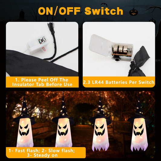 Halloween Hanging Ghost Witch Hat Lights – 4 Pack Warm White LED Decorations with 3 Flash Modes for Indoor & Outdoor Use