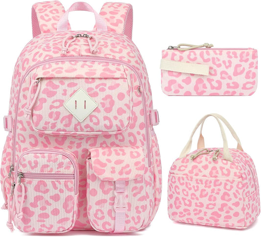 Pink Leopard Corduroy 3-Piece School Backpack Set