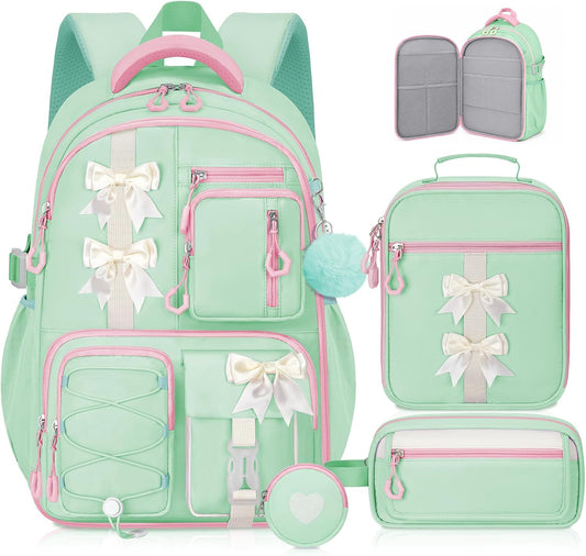 Green Kawaii Backpack Set with Lunch Bag and Coin Purse