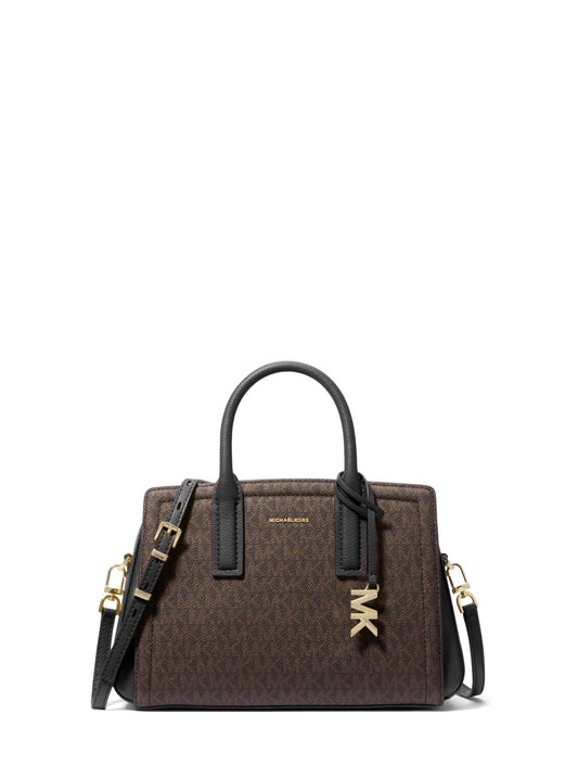 Michael Kors Laila Small Satchel Bag – Signature Logo Canvas with Gold-Tone Hardware (Brown/Black)