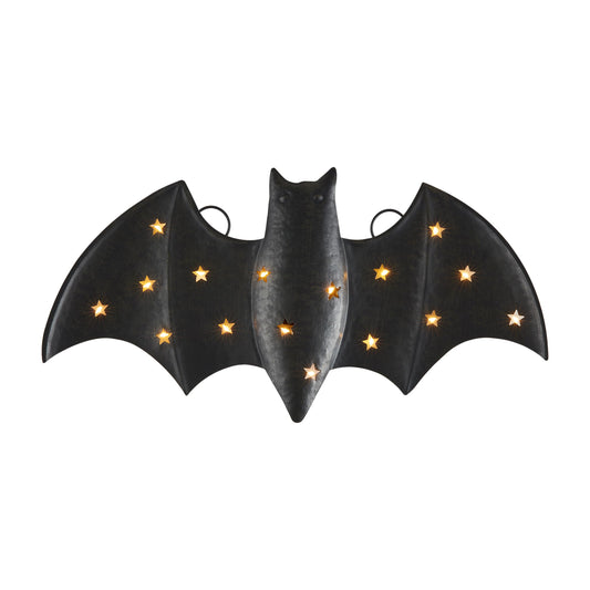 Small LED Bat Decor – Hand-Painted Tin Halloween Light with Cut-Out Star Design – Battery Operated Home Accent