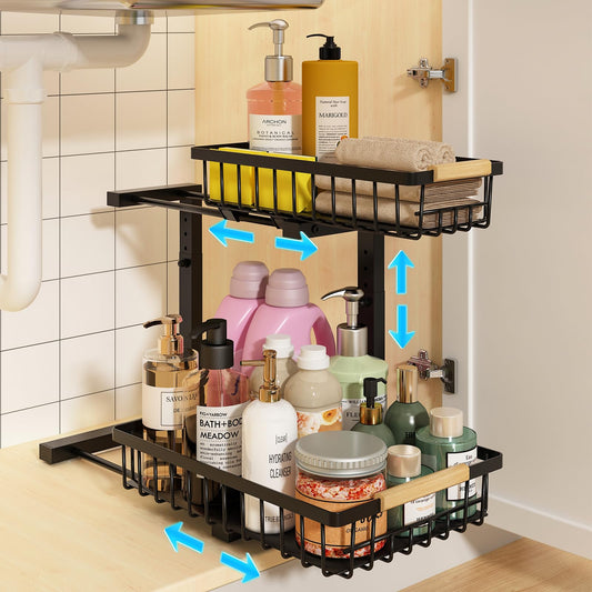 Adjustable L-Shaped Under Sink Organizer – 2-Tier Smooth Sliding Storage System