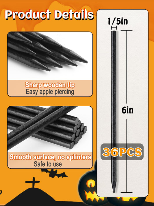 36Pcs Black Candy Apple Sticks – 6 Inch Wooden Caramel Apple Skewers for Halloween Parties, Baking & DIY Dessert Decorations