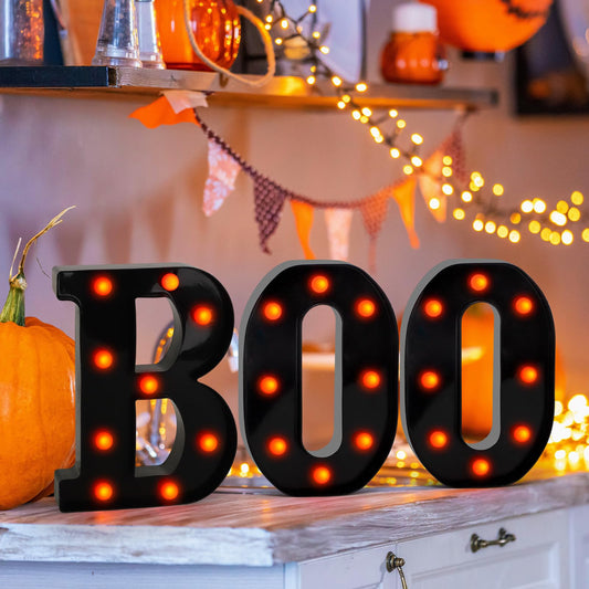 Light-Up “BOO” Marquee Letters – Orange LED Halloween Sign for Indoor Decor (Cordless, Timer, Flicker Mode)