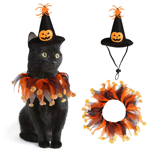 Halloween Witch Pumpkin Hat & Tutu Collar Costume for Cats and Small Dogs – Cute Pet Outfit for Halloween Parties