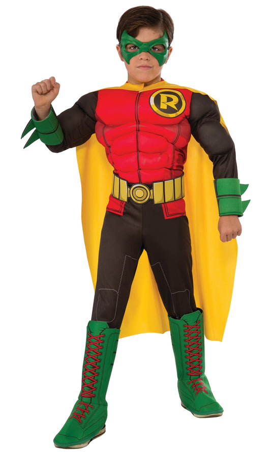 DC Teen Titans Robin Costume for Kids – Muscle Chest Jumpsuit with Cape, Belt & Eye Mask (Official Licensed)