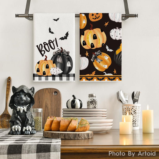 Artoid Mode Halloween Dish Towels – Set of 4 Black Kitchen Tea Towels (18x26") – Soft, Absorbent & Stylish Seasonal Décor