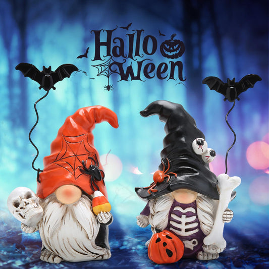 Hodao Halloween Gnome Duo – 2pcs Handcrafted Spooky Figurines with Skeleton Details, Pumpkins & Spider Hats for Indoor Décor