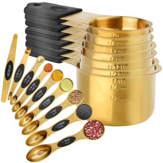 Gold Stainless Steel Measuring Cups & Spoons Set – Magnetic, Double-Sided, Precision Baking Tools (16-Piece)