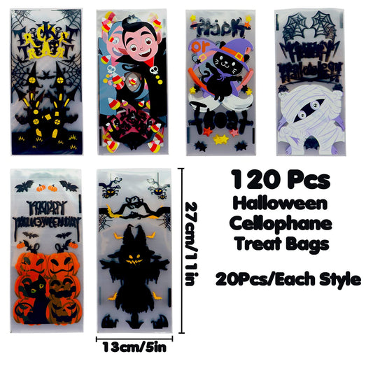120-Pack Halloween Cellophane Treat Bags with 150 Twist Ties – Cat, Pumpkin, Zombie & Spooky Patterns for Candy & Cookies