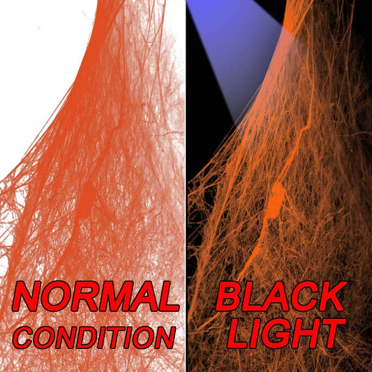 Halloween Orange Spider Web with Glow-in-the-Dark Effect – 250g Web + 37 Spiders + 2 Black Lights