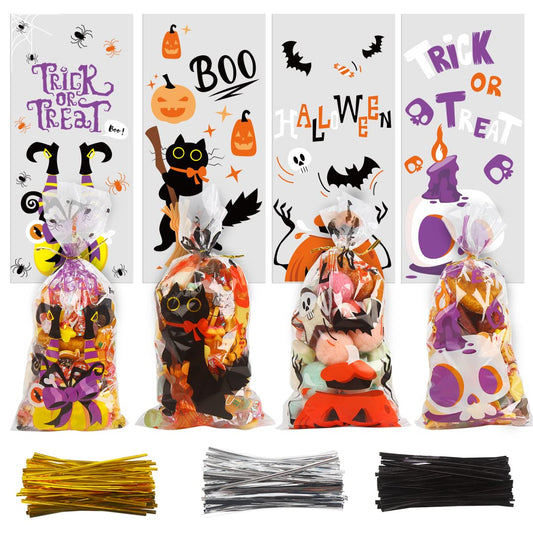 Halloween Treat Bags Set – 200 Cellophane Candy Bags with 240 Twist Ties (4 Festive Designs)