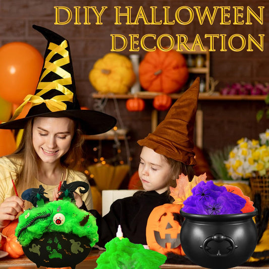 Black Witch Cauldron with Spider Webs – Halloween Candy Bowl & Decoration Set (1 Cauldron + 3 Web Packs, Green/Orange/Purple)