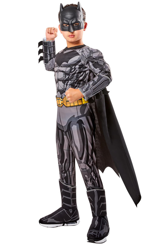 Batman Boys Deluxe Muscle Chest Costume – Padded Jumpsuit with Cape, Belt & Mask (Size Small 4–6)