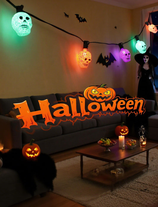 Crackle Skull String Lights – 10Pc Gothic Halloween LED Set with End-to-End Connectors (Multicolor, Indoor & Outdoor Use)