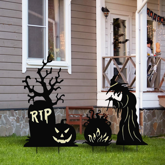Metal Halloween Yard Stakes – Witch, Tombstone & Cauldron Silhouette Set with Fluorescent Green Glow (Waterproof Outdoor Decor)