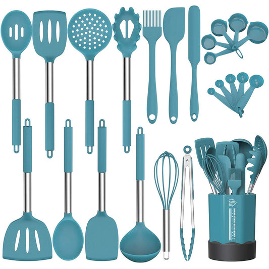 24-Piece Professional Silicone Kitchen Utensil Set with Stainless Steel Handles & Holder – Blue