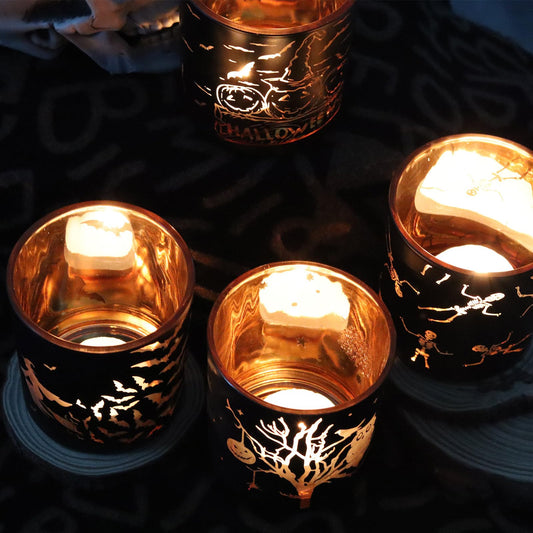 Black & Gold Halloween Candle Holders – 4PCS Laser-Engraved Glass Votive Set with Witches & Pumpkins