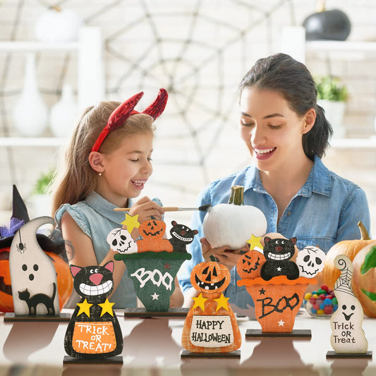 Wooden Halloween Table Decorations Set – Ghost, Black Cat, Pumpkin Monster & Skull Figurines (Multicolor, 4-Piece Set)