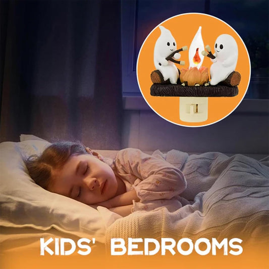 Ghost Bonfire Flickering Night Light – Soft LED Halloween Lamp for Kids & Home Décor (White)