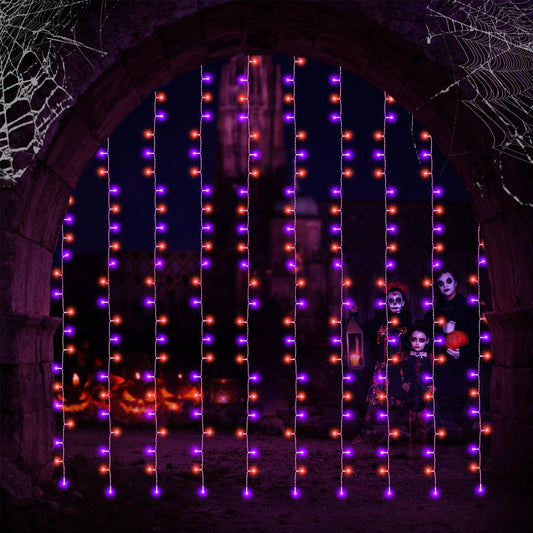 Purple & Orange Halloween Curtain Lights – 300 LED Battery-Operated String Lights with Remote Control (9.8ft x 9.8ft, Indoor/Outdoor)