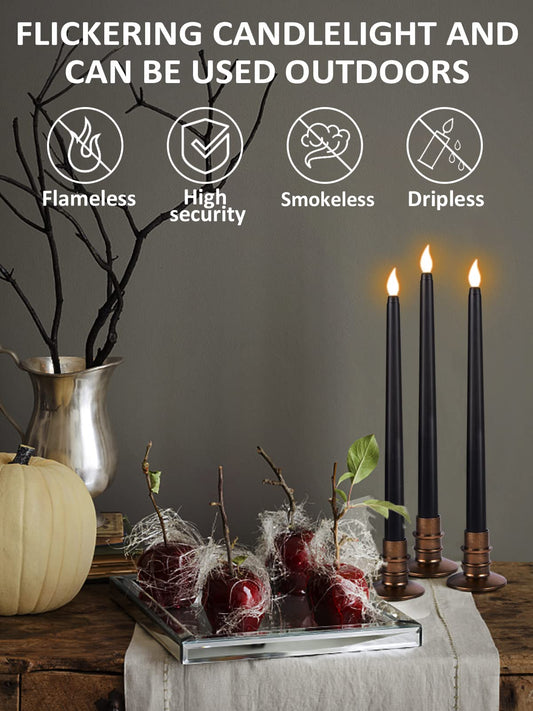 6 Pcs Black LED Halloween Candles with Holders – Flickering Flameless Tapered Candles for Spooky Decor