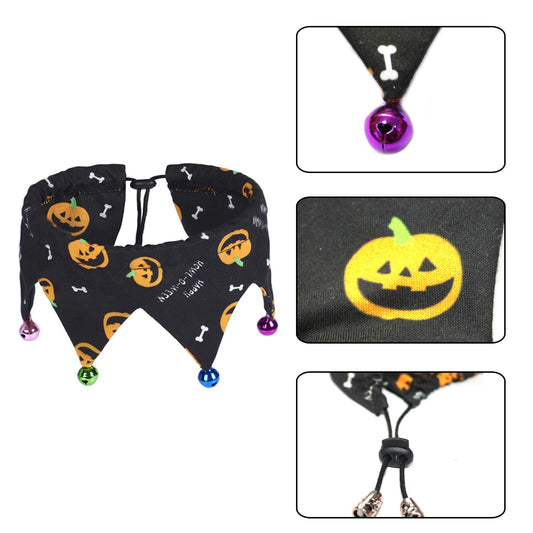 Halloween Hat & Collar Suit for Cats and Small Dogs – Pumpkin & Spider Pattern with Jingle Bells