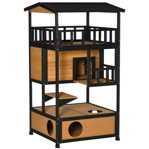Wooden Outdoor Cat House – Weatherproof Wild Cat Shelter with Multi-Level Kitten Tree & Safe Resting Space