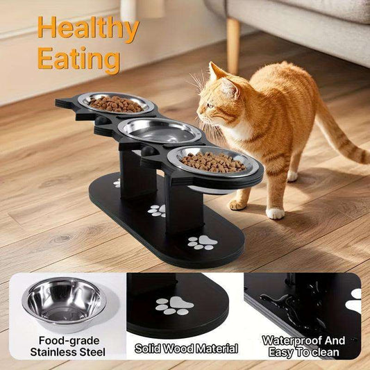 Anti-Vomiting Elevated Cat Bowls – Adjustable Stand with 3 Steel Dishes - PulinGO