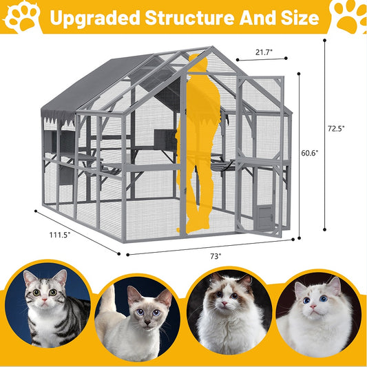 Outdoor Cat House Enclosure – Large Cat Fence with Upgraded Waterproof Cover (Grey)