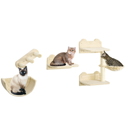 PawHut Cat Wall Shelves Set – 4-Piece Cat Wall Furniture with Hammock, 3 Steps, Perches & Scratching Post for Sleeping & Playing (Beige)
