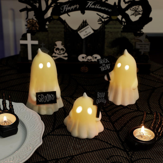 Ceramic Lighted Halloween Ghost Figurines – Set of 3 Cute White LED Ghosts with Signs “Boo”, “Spooky”, “Trick or Treat”