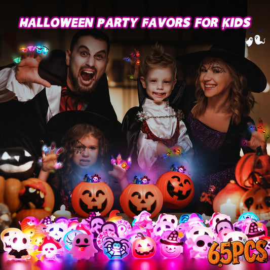 Glow-in-the-Dark Halloween LED Rings – Colorful Light-Up Party Favors with Pumpkins, Ghosts, Skulls & Bats (2025 Upgrade)