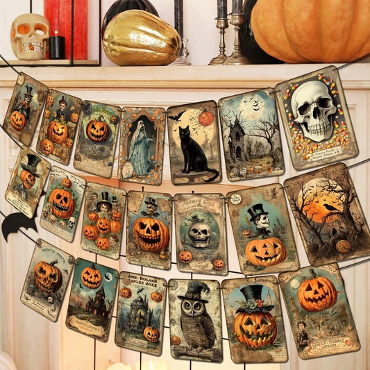 Vintage Halloween Banner – 20-Card Multicolor Garland with Retro Pumpkins, Cats & Skeleton Designs