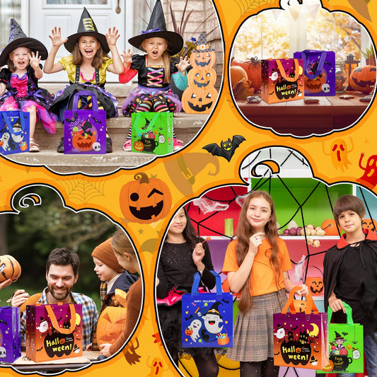 4-Pack Colorful Halloween Treat Bags with Handles – Reusable Non-Woven Gift Totes with Cute Pumpkin, Witch & Ghost Designs