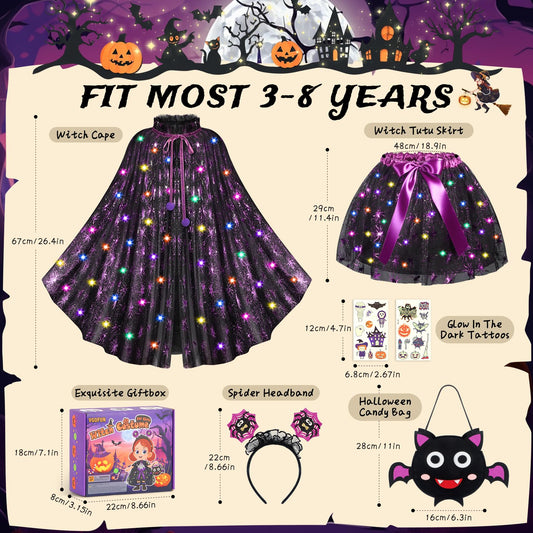 Girls Glow-in-the-Dark LED Witch Costume Set – Light-Up Cape, Tutu Skirt, Headband & Trick-or-Treat Bag (Ages 3–8)