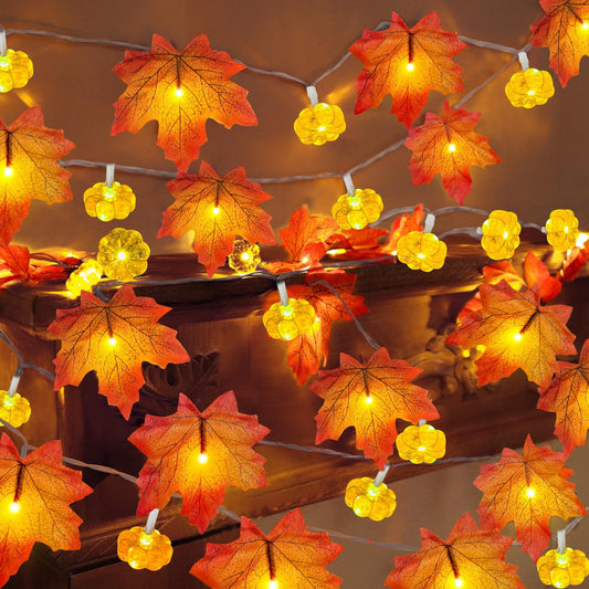 Maple Leaf & Pumpkin Fall Garland Lights – 20FT 60 LED Battery Operated with Timer (2-Pack, Warm White, Indoor/Outdoor)