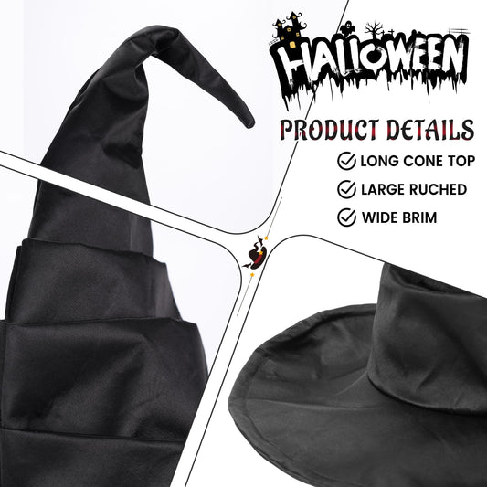 Bendable Witch Hat for Women – Adjustable Wire Brim & Cone | Premium Matte Satin Halloween Hat